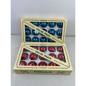 2 Pack VTG Holly Value‎ Pack 15 Glass Ornaments 2.25” Diameter Red Blue USA Made